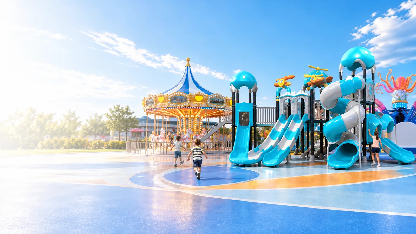 Playground concept illustration with turquoise slides and a carousel