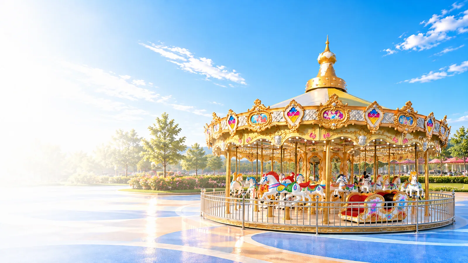 Concept visual of a golden carousel in a landscaped amusement park