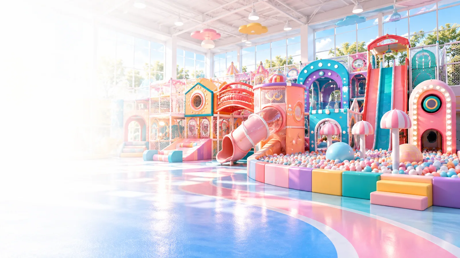 Concept visual of a bright indoor soft-play venue with pink and teal slides and ball pools