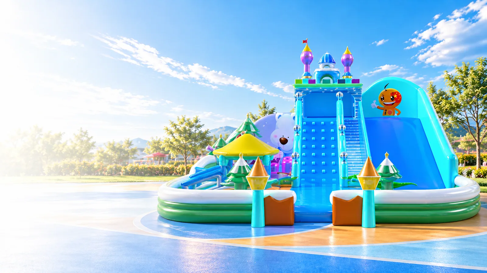 Concept visual of a blue and green castle inflatable playground in a landscaped play park