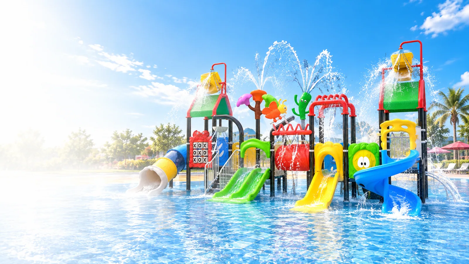 Concept visual of colorful water-play slides and fountains in a splash pool
