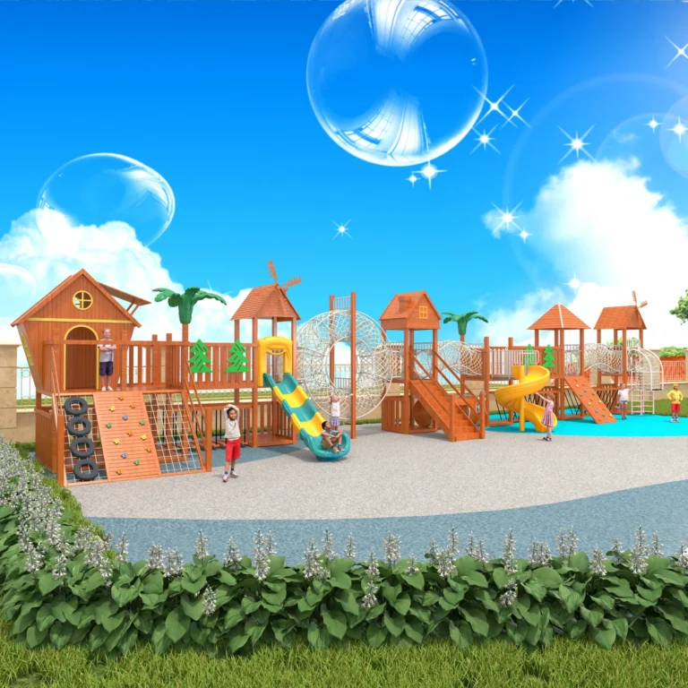 Cottage Adventure Bridge outdoor playground with roofed cottage-style towers and linked bridge play route