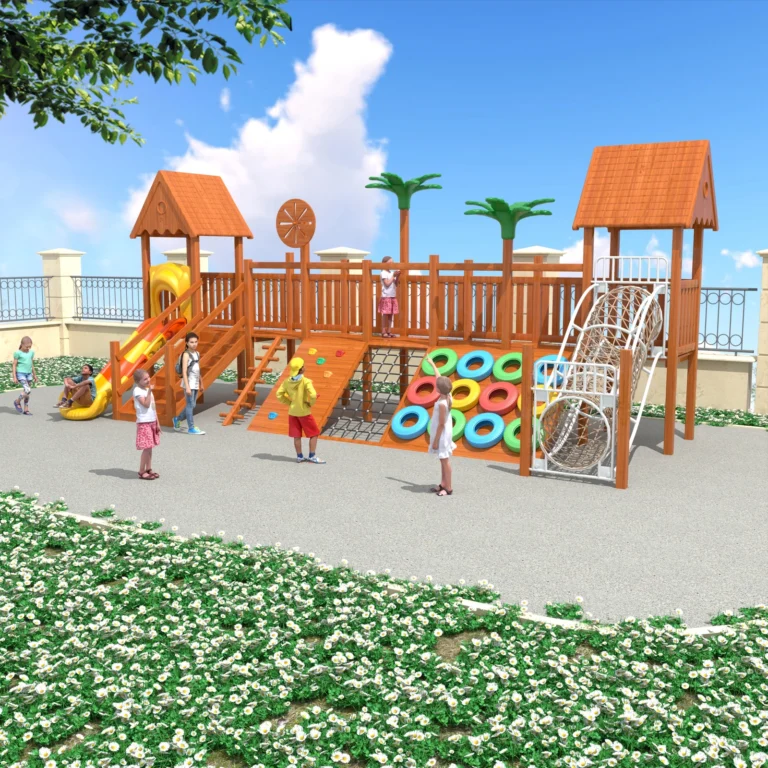 Cottage Climbing Wall outdoor playground with roofed twin-tower layout and broad climbing activity wall