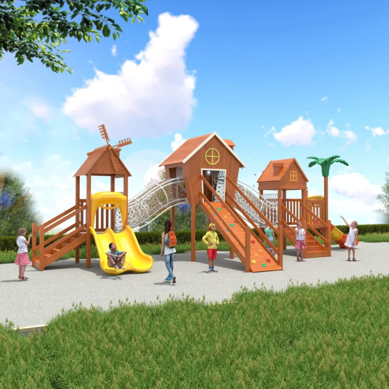 Twin Cottage Climber outdoor playground with paired cottage-style towers and inclined climbing wall