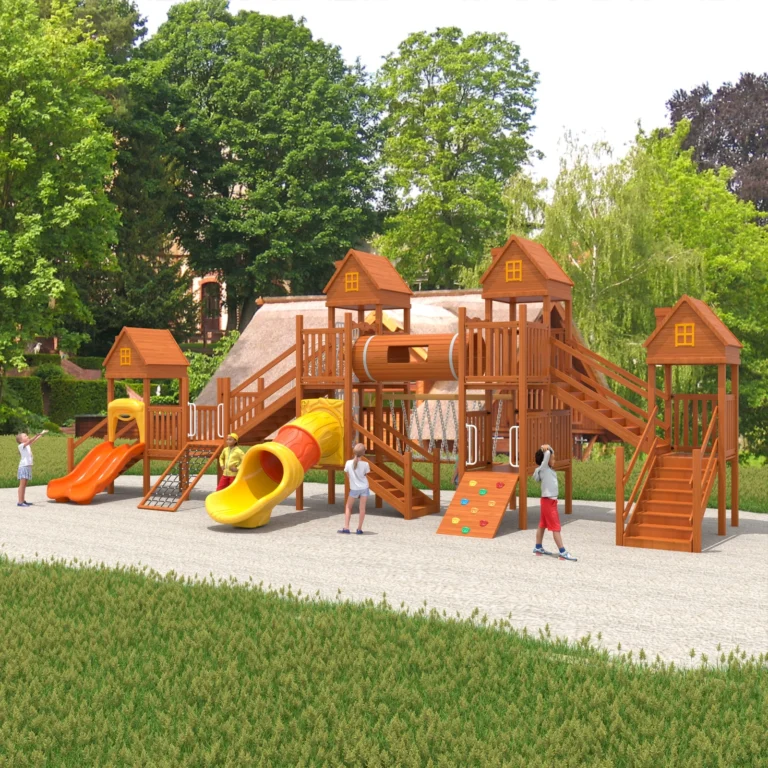 Treehouse Tube Adventure outdoor playground with multi-level cottage-style decks and tube slide