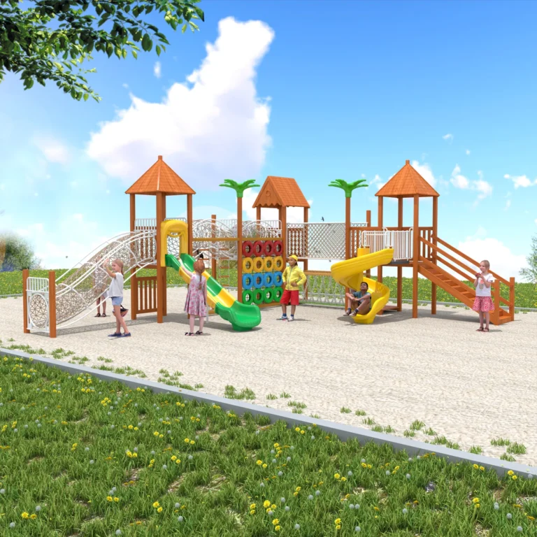 Garden Bridge and Spiral Slide outdoor playground with three roofed play towers and bridge connection