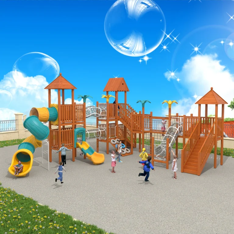 Multi-Tower Spiral Adventure outdoor playground with multi-level roofed towers and curved tube slide