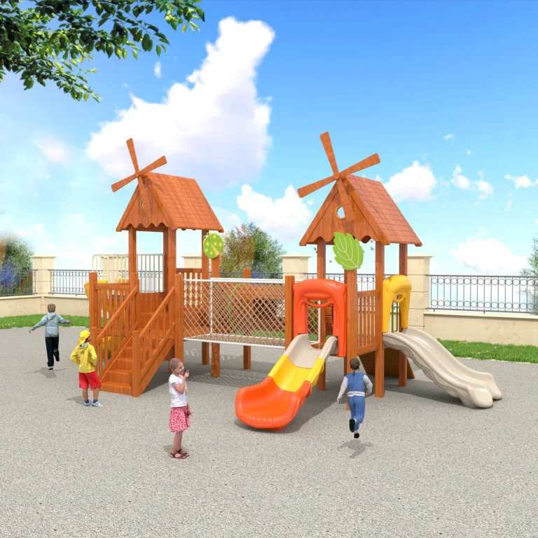 Windmill Twin Tower Slides outdoor playground with two windmill-style towers and bridge connection