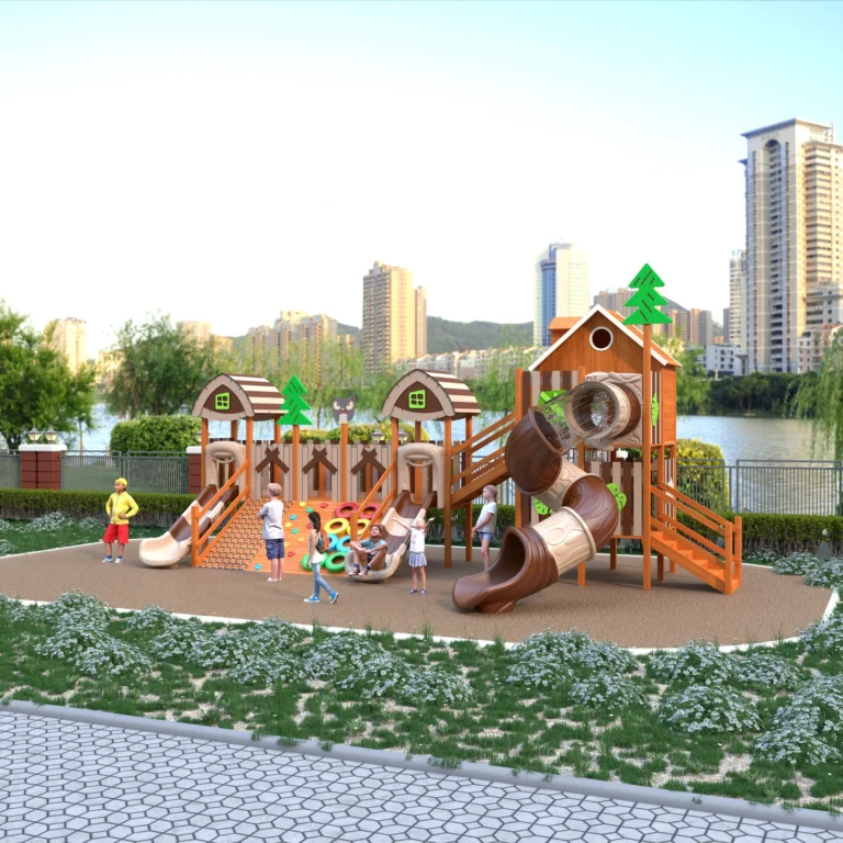 Forest Cottage Tube Adventure outdoor playground with cottage-style roofs and curved tube slide