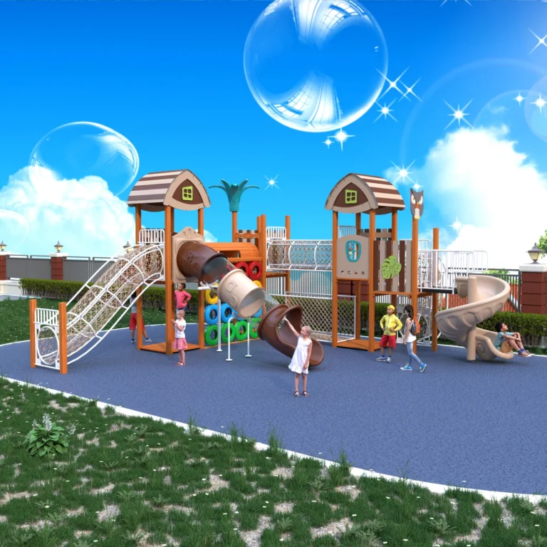 Twin Cottage Curved Slide outdoor playground with paired cottage-style towers and curved slides
