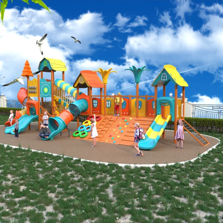 Colorful Cottage Climbing Hub outdoor playground with bright roofed towers and tube and open slides