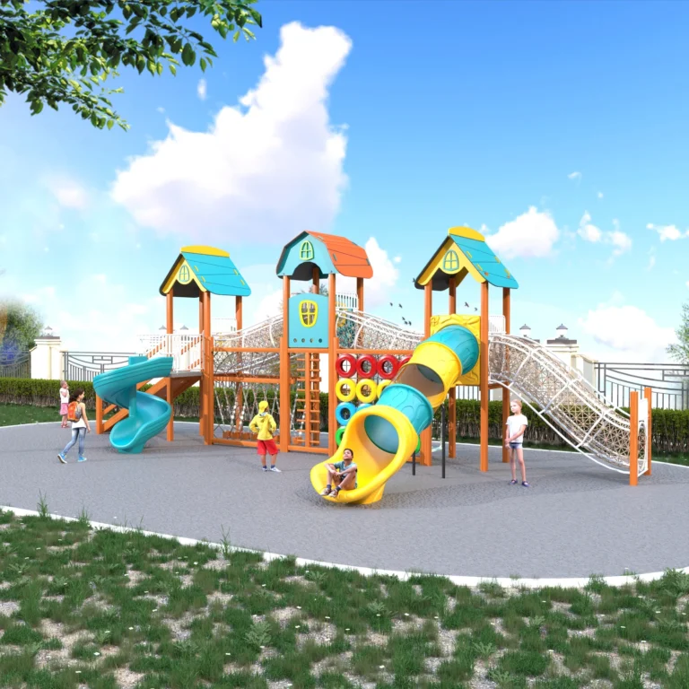 Garden Tube Slide Bridge outdoor playground with cottage-style roofs and curved tube slide