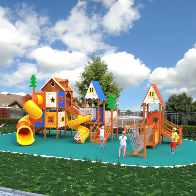 Cottage Spiral Slide Circuit outdoor playground with linked cottage-style towers and spiral tube slide