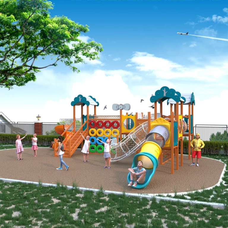 Woodland Tube Slide Network outdoor playground with linked roofed play towers and curved tube slide