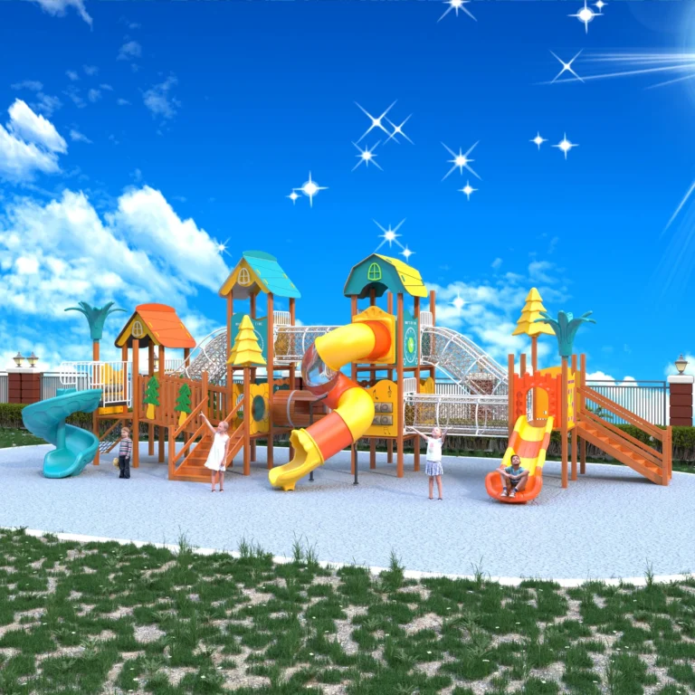Garden Triple Tower Slides outdoor playground with three roofed play towers and spiral tube and open slides