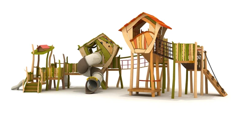 Forest Cottage Tube Slide Bridge outdoor playground with cottage-style roofs and curved tube slide