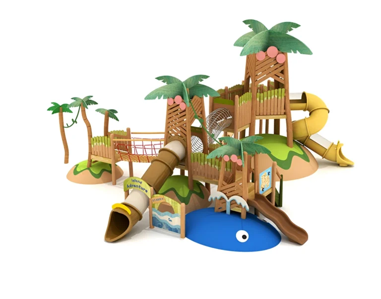 Tropical Palm Slide Adventure outdoor playground with palm-themed play towers and curved tube slides