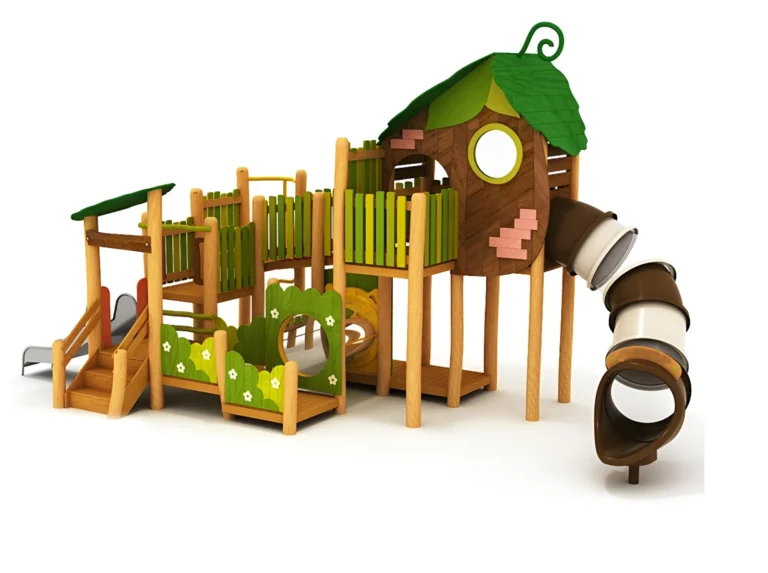 Leaf Cottage Tube Slide outdoor playground with leaf-roofed playhouse and curved tube slide