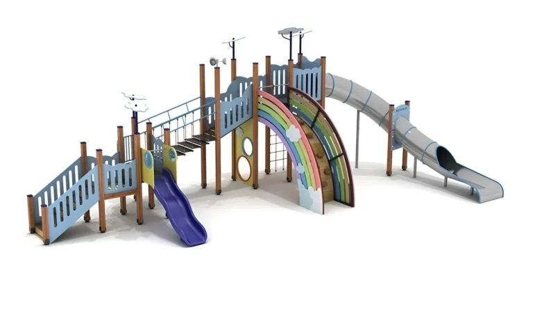 Rainbow Bridge Multi-Slide Playground outdoor playground with arched rainbow climbing feature and raised connecting platforms