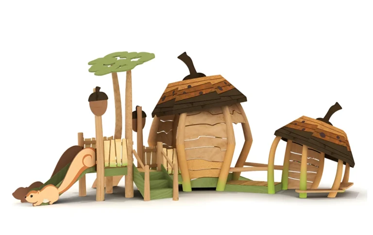 Acorn Village Slide Playground outdoor playground with acorn-shaped playhouses and low connecting decks