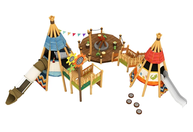 Tipi Village Tube Slide Playground outdoor playground with colorful tipi-style roofs and linked raised platforms