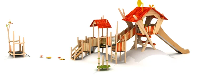 Windmill Cottage Slide Bridge outdoor playground with red cottage-style roofs and bridge-linked platforms