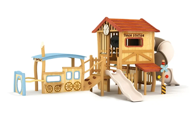Railway Station Slide House outdoor playground with station-themed playhouse and train-inspired side panel