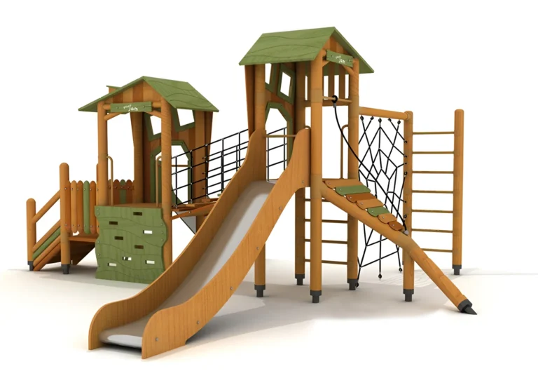 Green Cottage Twin Slide Towers outdoor playground with paired cottage-style roofs and raised connecting bridge