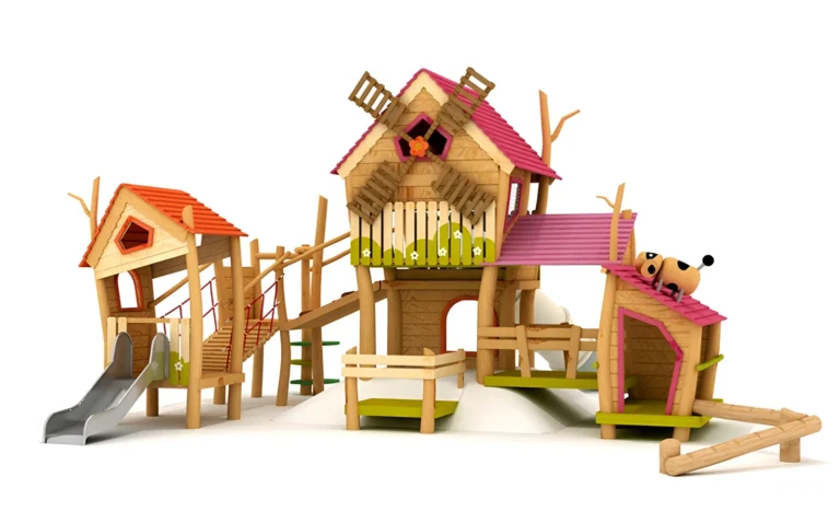 Windmill Village Slide Playground outdoor playground with windmill-themed playhouse and linked village-style platforms