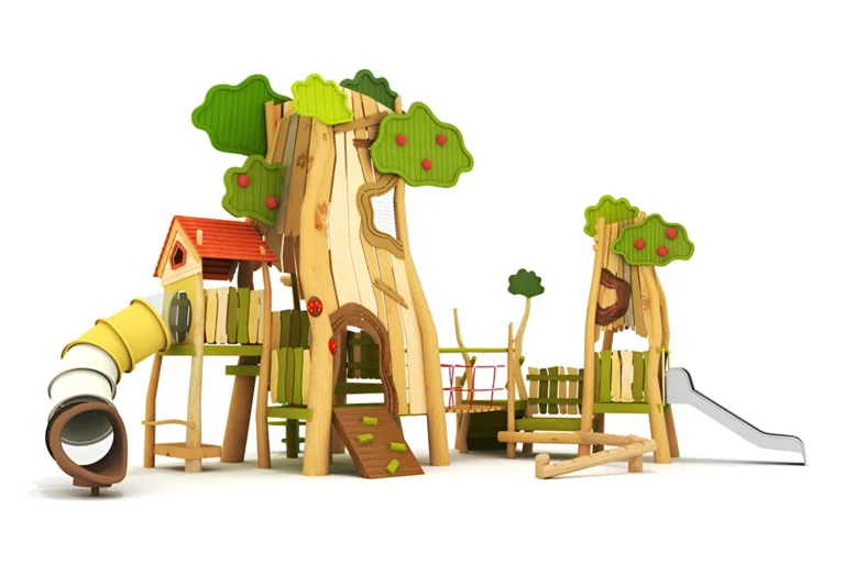 Treehouse Trunk Slide Adventure outdoor playground with tree-trunk-themed towers and tube and open slides