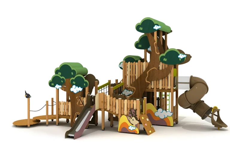 Forest Canopy Multi-Slide Playground outdoor playground with tree-canopy-themed decks and curved tube slide