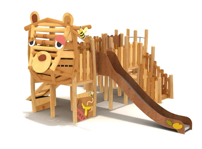 Bear Tower Slide Playground outdoor playground with bear-themed tower and open slide