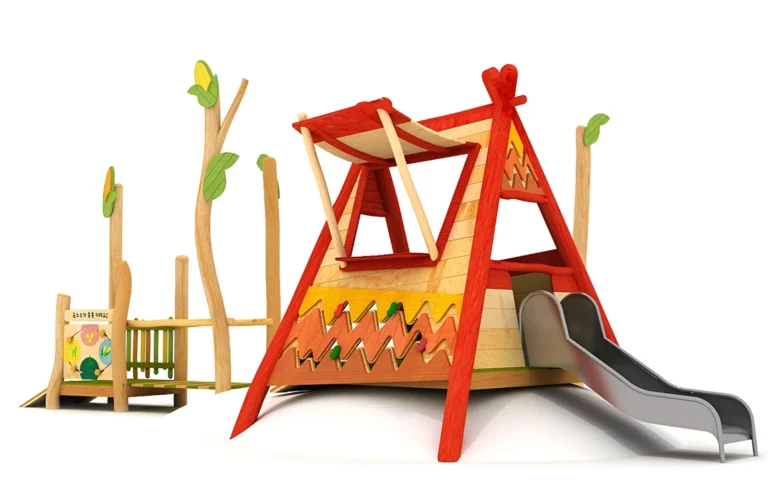 Red Adventure Hut Slide outdoor playground with red A-frame-style playhouse and open slide