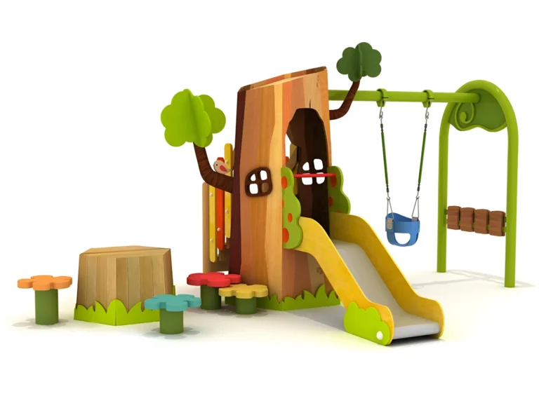 Treehouse Slide and Swing outdoor playground with treehouse-style tower and open slide