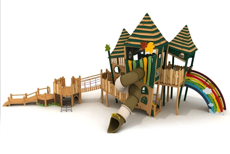 Forest Twin Tower Tube Slide outdoor playground with paired pointed canopy roofs and curved tube slide