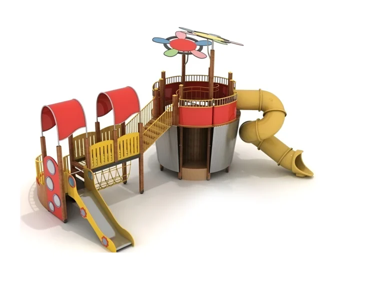 Helicopter Tower Slide Playground outdoor playground with helicopter-themed roof detail and curved tube slide