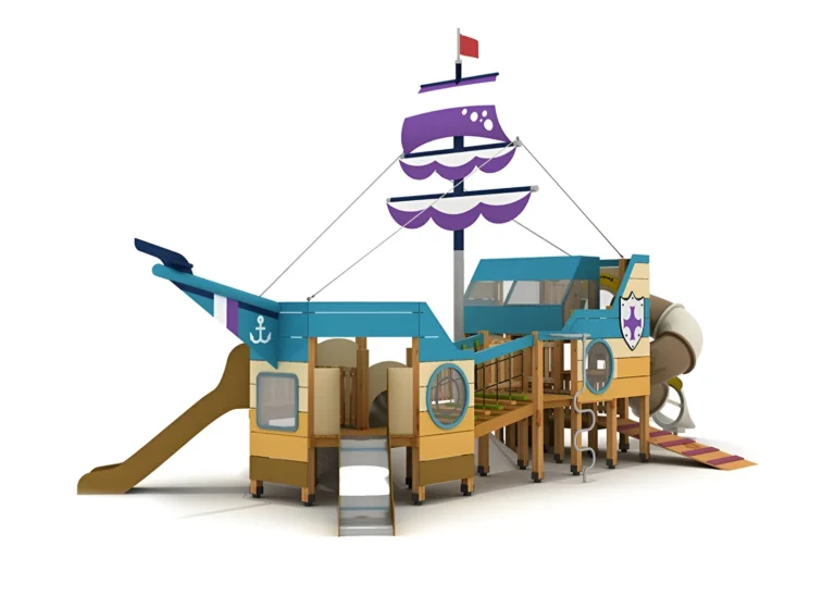 Purple Sail Pirate Ship Slides outdoor playground with pirate-ship-inspired structure and sail and mast details