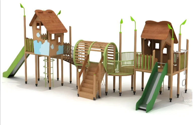 Twin Cabin Tunnel Slides outdoor playground with paired cabin-style play towers and barrel-style tunnel bridge