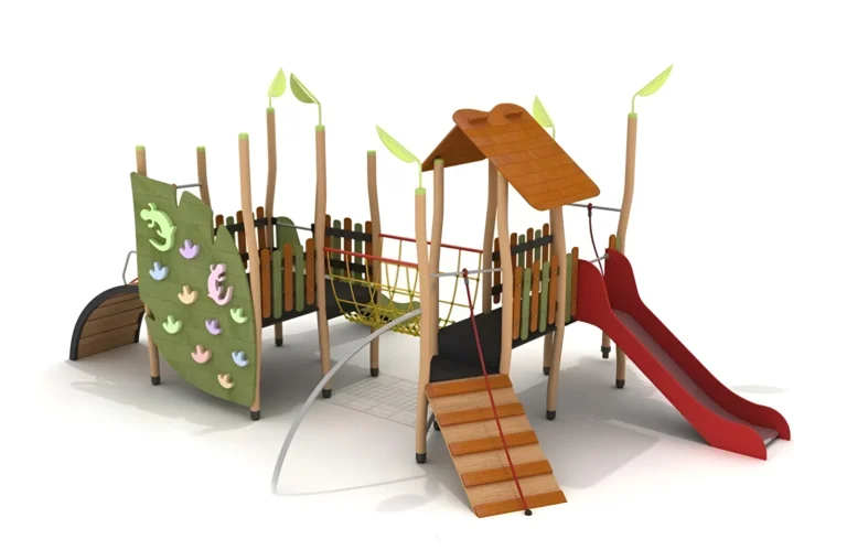 Leaf Cottage Climbing Slide outdoor playground with leaf-themed roof and panels and wide climbing wall