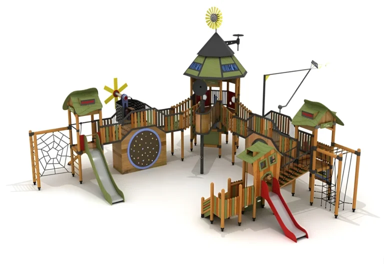 Woodland Windmill Slide Network outdoor playground with windmill-style tower feature and linked raised decks
