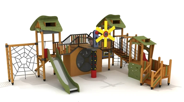 Sunflower Bridge Slide Playground outdoor playground with sunflower-themed activity feature and connected roofed towers