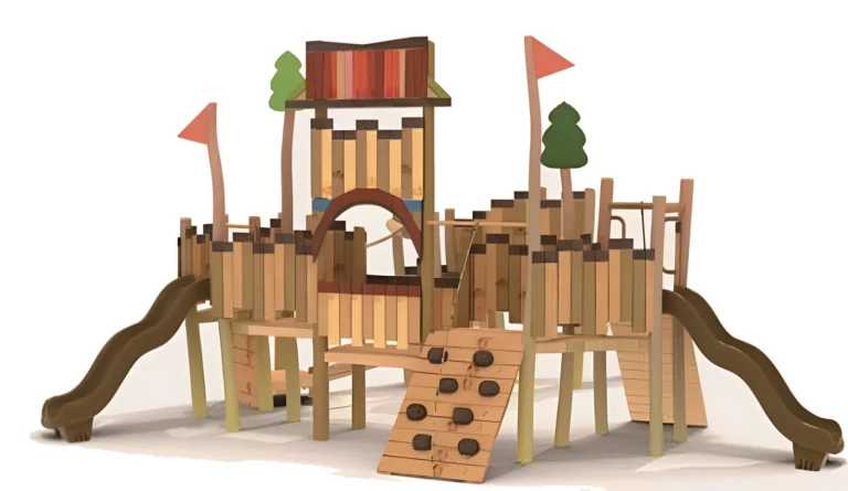 Fortress Twin Slide Playground outdoor playground with fortress-style play structure and two open slide exits