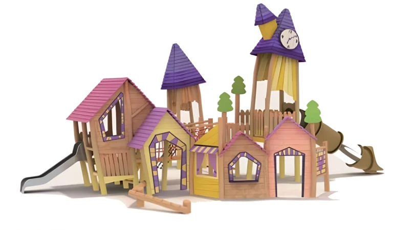 Storybook Castle Slide Village outdoor playground with storybook-style tower roofs and linked playhouses