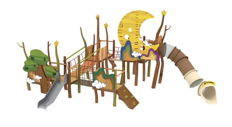 Moon Adventure Tube Slide outdoor playground with moon-themed tower feature and linked climbing route