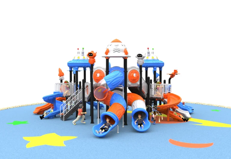 Space Tower Tube Adventure outdoor playground with space-inspired roof details and paired tube slides