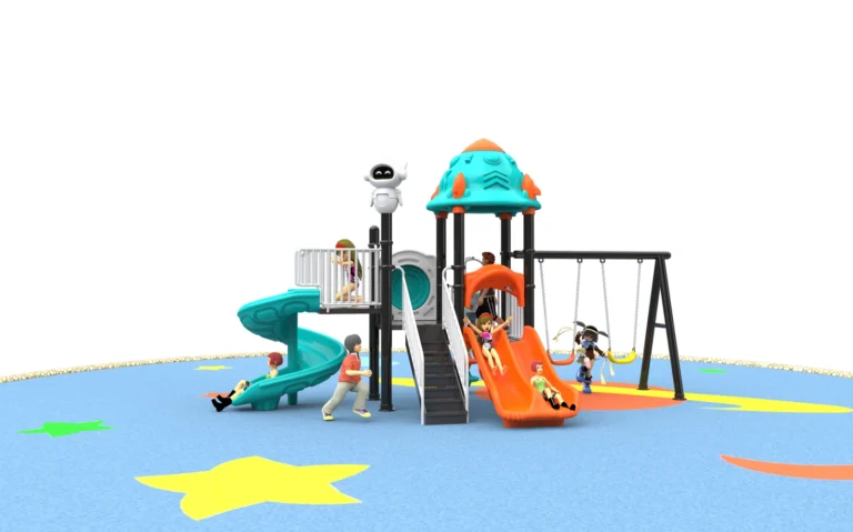 Compact Spiral Slide and Swing outdoor playground with single roofed play tower and spiral and open slides