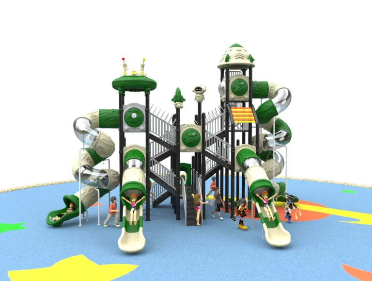 Green Multi-Level Tube Tower outdoor playground with stacked play decks and curved tube slides