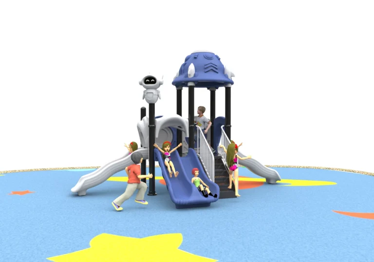 Compact Tower Double Slide outdoor playground with single roofed play deck and paired open slides