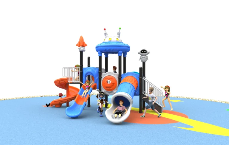 Compact Tube and Open Slide outdoor playground with single roofed play tower and short tube slide