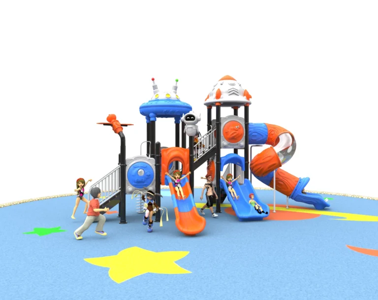 Elevated Bridge Spiral Slide outdoor playground with two roofed towers and elevated connecting bridge